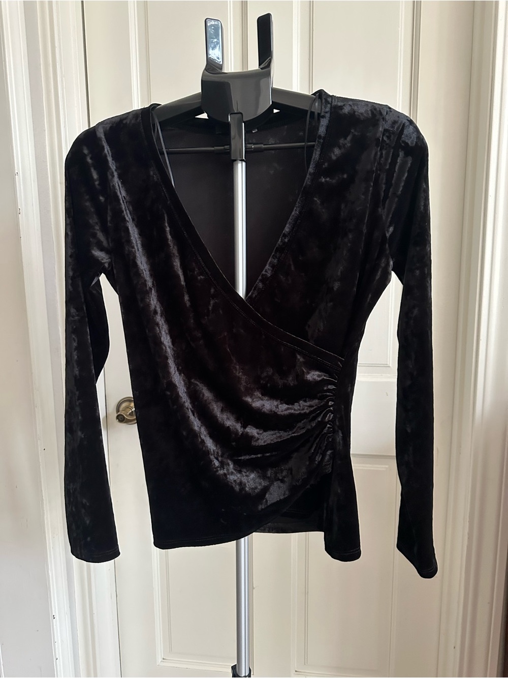 Matty M Black Crushed Velvet Ruched Wrap Top Size M